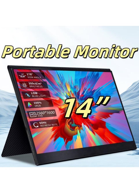 شاشة محمولة 14 بوصة 2.5K شاشة كمبيوتر محمول USB C HDMI للألعاب شاشة IPS فائقة النحافة غطاء ذكي ومكبرات صوت، شاشة 2560 * 1600P للكمبيوتر المحمول، HDR Plug&Play، شاشة خارجية للكمبيوتر المحمول والهاتف وماك وإكس بوكس