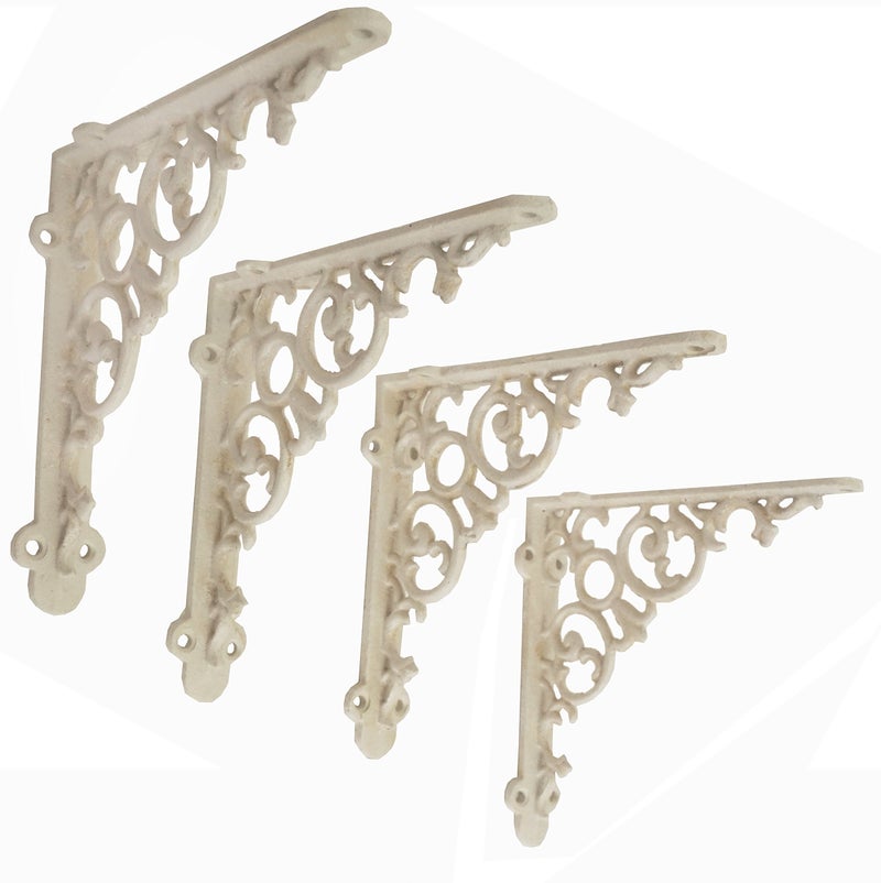 NACH Decorative Shelf Brackets, 4 Pack of 6 x 1.3 x 6 inch, Antique White Cast Iron Shelf Support Bracket - Metal Shelf Brackets for Wall - Victorian Shelf Bracket - Image 5