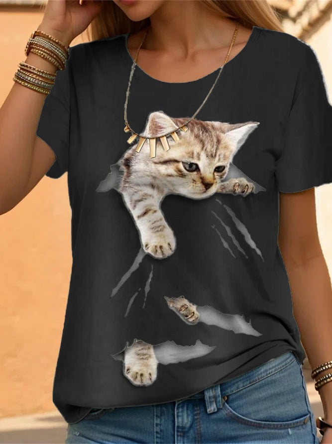 2024 New Womens Short Sleeve Cat Top Red - Image 2