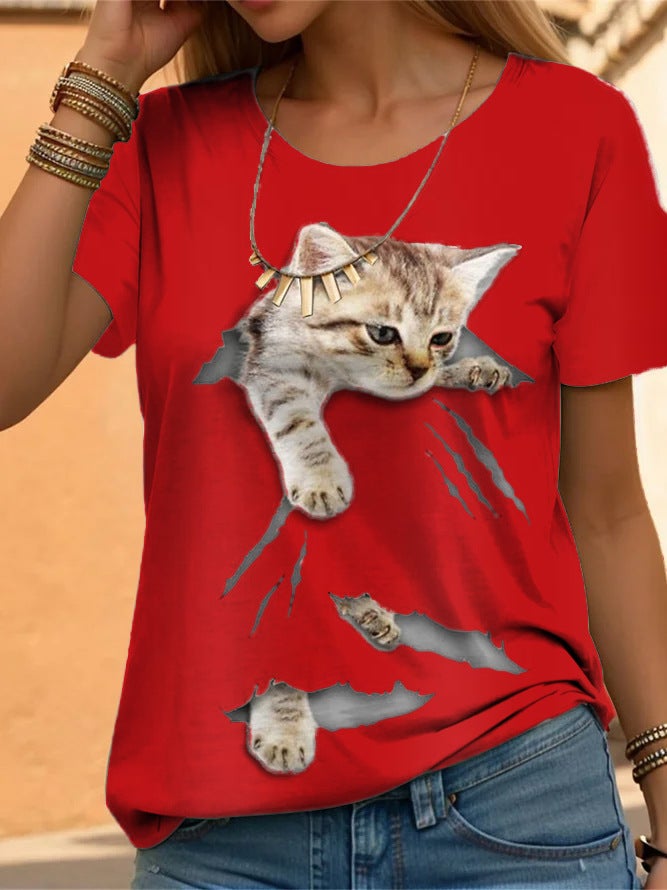 2024 New Womens Short Sleeve Cat Top Red - Image 1