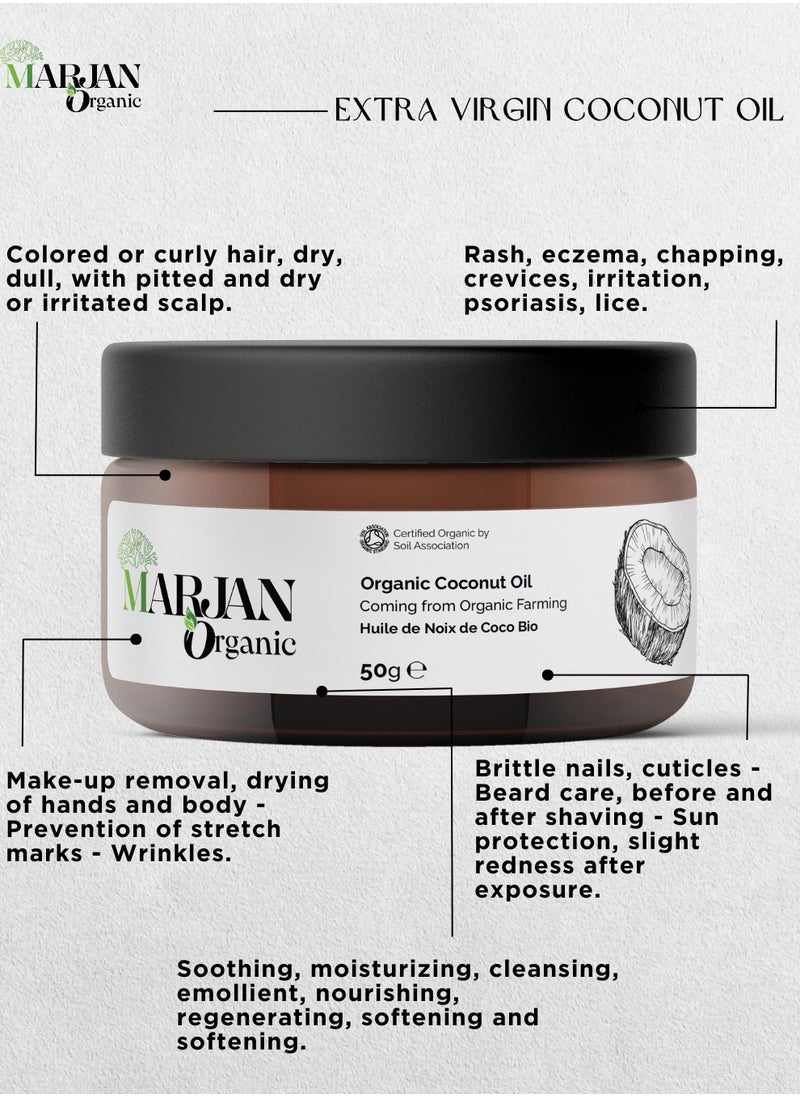 MARJAN ORGANIC 100% Organic Cold Pressed Virgin Coconut Oil, 50g, For Smooth Hair & Glowing Skin, Nourishing & Hydration All Skin Types, Massage Oil, 100% Virgin, unrefined & chemical-free  - Image 3