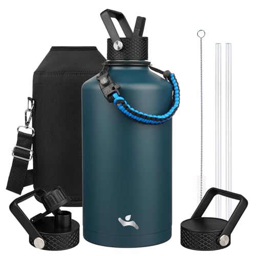 Konokyo Gallon Insulated Water Bottle with Straw,128 oz 3 Lids Water Jug with Carrying Bag,Paracord Handle, Double Wall Vacuum Stainless Steel Metal Flask,Navy Blue - Image 1