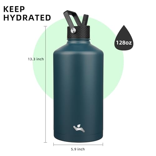 Konokyo Gallon Insulated Water Bottle with Straw,128 oz 3 Lids Water Jug with Carrying Bag,Paracord Handle, Double Wall Vacuum Stainless Steel Metal Flask,Navy Blue - Image 3