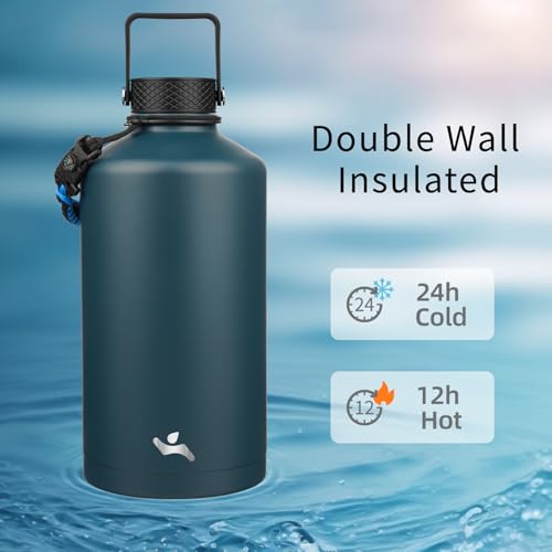 Konokyo Gallon Insulated Water Bottle with Straw,128 oz 3 Lids Water Jug with Carrying Bag,Paracord Handle, Double Wall Vacuum Stainless Steel Metal Flask,Navy Blue - Image 2