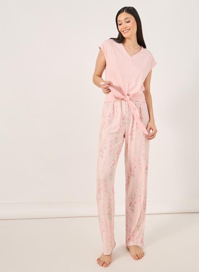 Styli V Neck Tie Front T-Shirt and Floral Pyjama Set  - Image 1