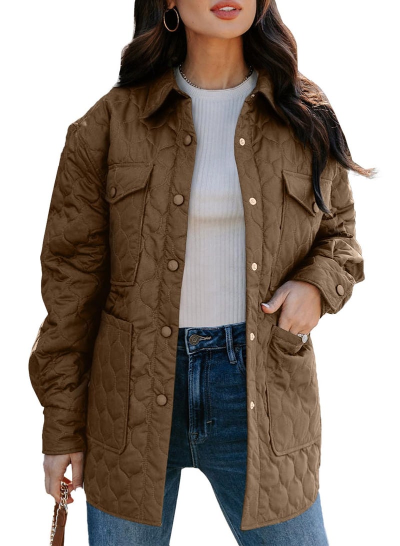 EVALESS Diamond Quilted Jackets for Women Lightweight Collar Long Sleeve Button Down Puffer Jacket Warm Winter Coat Outerwear with Pockets Brown XLarge