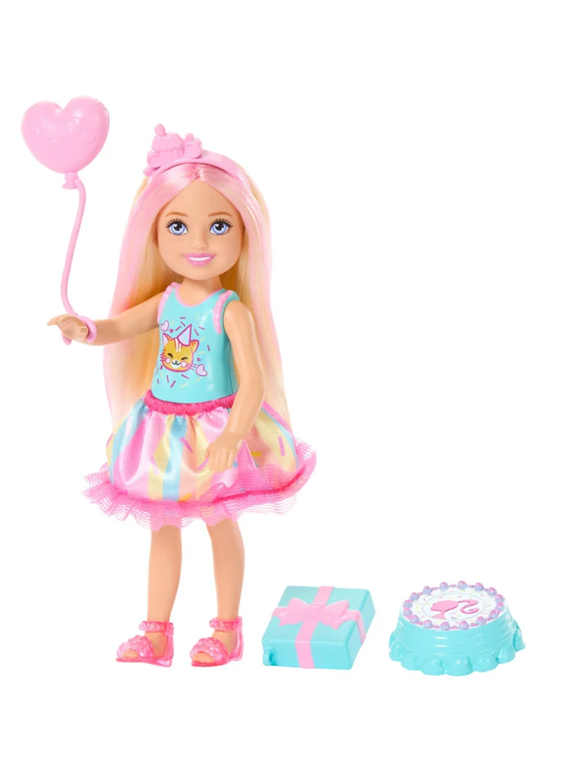 باربي Club Chelsea 6-Inch Birthday-Themed Small Doll with Pink-Streaked Blonde Hair, Colorful Dress & 4 Party Accessories