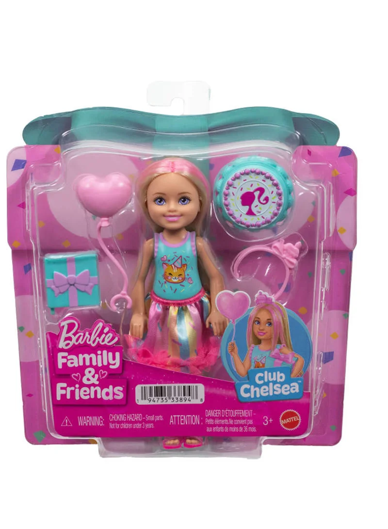 باربي Club Chelsea 6-Inch Birthday-Themed Small Doll with Pink-Streaked Blonde Hair, Colorful Dress & 4 Party Accessories