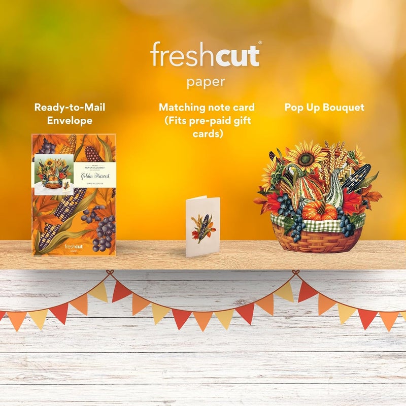 Freshcut Paper بطاقات المنبثقة، حصاد ذهبي، باقة زهور أبدية بحجم الحياة 12 بوصة، بطاقة تهنئة ثلاثية الأبعاد منبثقة، بطاقات عيد ميلاد، بطاقة شكر، بطاقة ملاحظات فارغة ومظروف - Image 3