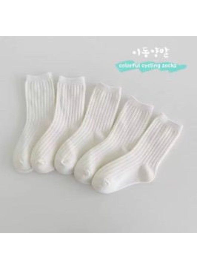 Lion Llama Kids Ribbed Crew Socks Set of 5 Pairs | Soft Cotton Blend Mid-Calf Socks for Toddlers & Kids | Solid White Design
