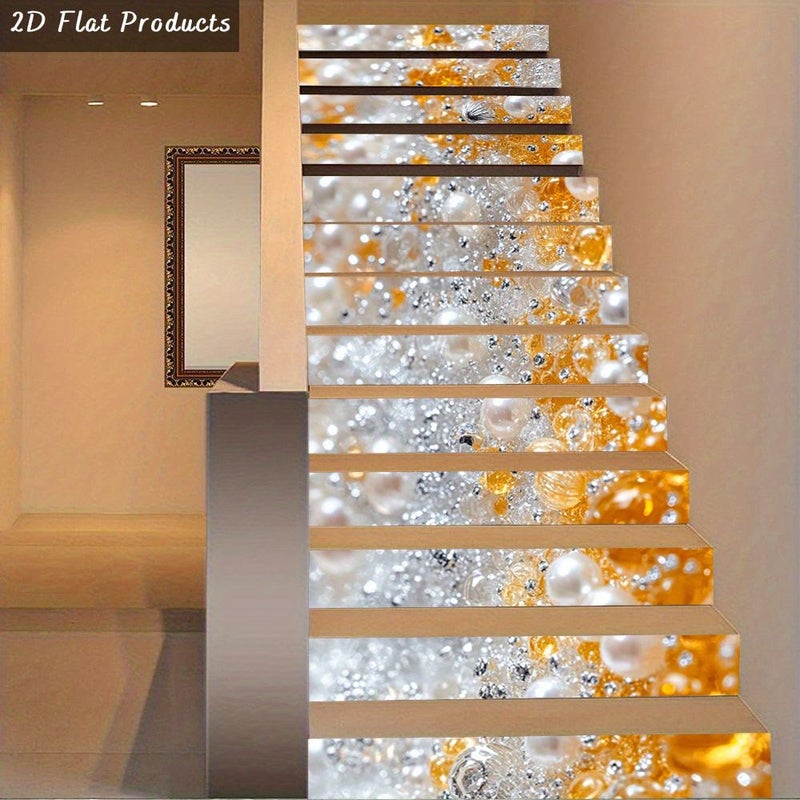 13 Pcs Self Adhesive Stair Stickers With Pearls And Gold Beads 39 37x7 08 Inch - Image 4