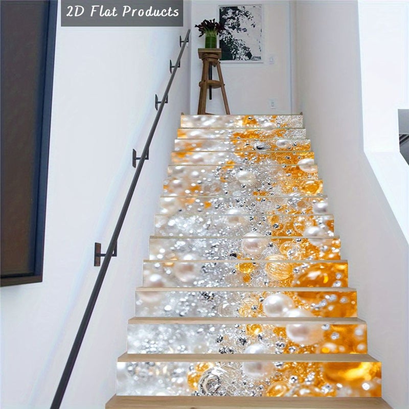 13 Pcs Self Adhesive Stair Stickers With Pearls And Gold Beads 39 37x7 08 Inch - Image 5