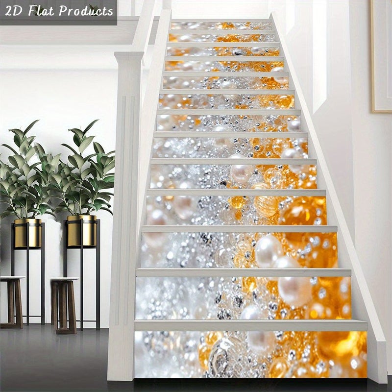 13 Pcs Self Adhesive Stair Stickers With Pearls And Gold Beads 39 37x7 08 Inch - Image 1