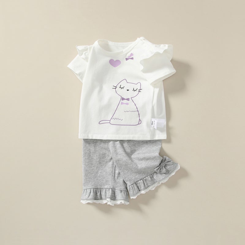 Girls Toddler Suit Category A Summer Kidsren'S Round Neck Short-Sleeved Baby Girl Elastic Waist Five-Point Bell-Bottom Pants - Image 1