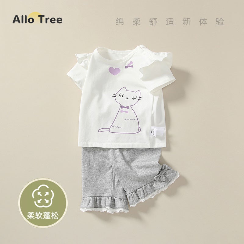 Girls Toddler Suit Category A Summer Kidsren'S Round Neck Short-Sleeved Baby Girl Elastic Waist Five-Point Bell-Bottom Pants - Image 2