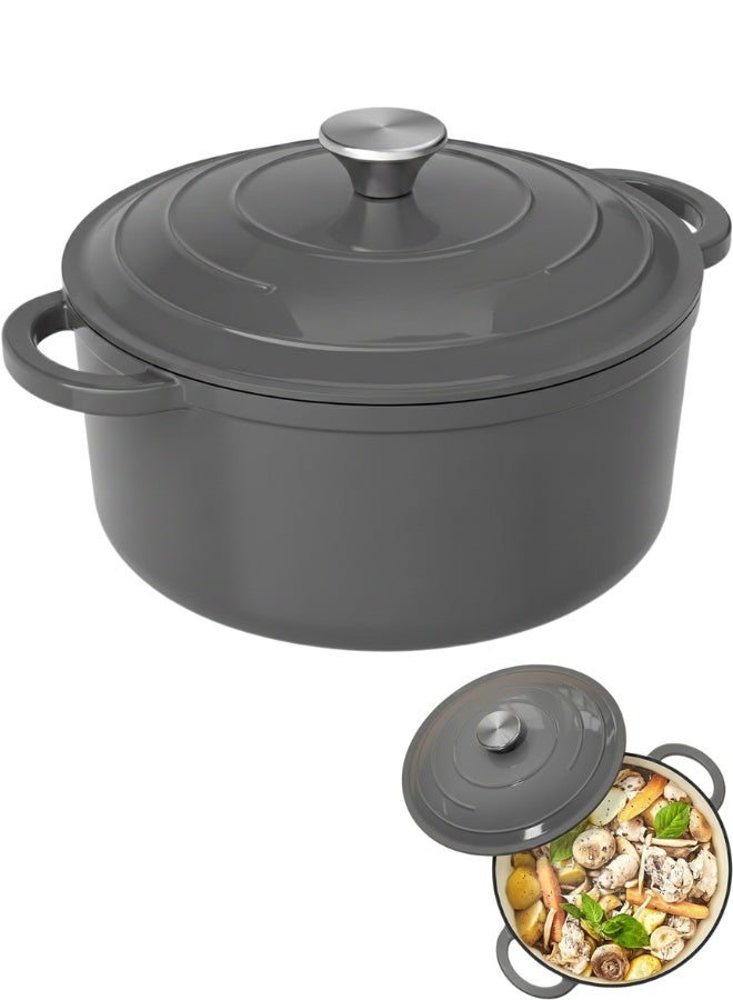 حلة طهي من الحديد الزهر بالمينا سعة 3.8 لتر بغطاء ثقيل محكم بقمم لتقطير البخار الذاتي، توزع الحرارة بالتساوي وتخزينها لفترات طويلة لطهي الشوربات واليخنات والخبز والتحمير والشيّ والأطباق الكاملة في إناء واحد، متوافقة مع المواقد الغاز والكهرباء والتحريض وتتحمل حرارة الفرن حتى 450 درجة فهرنهايت، تصميم داخلي غير لاصق سهل التنظيف بدون تبطين أو تجهيز مسبق، مقبض ستانلس قوي ومقابض جانبية مزدوجة لسهولة الحمل، لون رمادي أنيق مقاوم للالتصاق والاحتراق، خامة تجارية عالية الجودة تناسب المطابخ المنزلية والاحترافية - Image 1