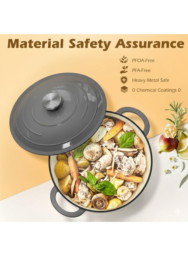 حلة طهي من الحديد الزهر بالمينا سعة 3.8 لتر بغطاء ثقيل محكم بقمم لتقطير البخار الذاتي، توزع الحرارة بالتساوي وتخزينها لفترات طويلة لطهي الشوربات واليخنات والخبز والتحمير والشيّ والأطباق الكاملة في إناء واحد، متوافقة مع المواقد الغاز والكهرباء والتحريض وتتحمل حرارة الفرن حتى 450 درجة فهرنهايت، تصميم داخلي غير لاصق سهل التنظيف بدون تبطين أو تجهيز مسبق، مقبض ستانلس قوي ومقابض جانبية مزدوجة لسهولة الحمل، لون رمادي أنيق مقاوم للالتصاق والاحتراق، خامة تجارية عالية الجودة تناسب المطابخ المنزلية والاحترافية - Image 5