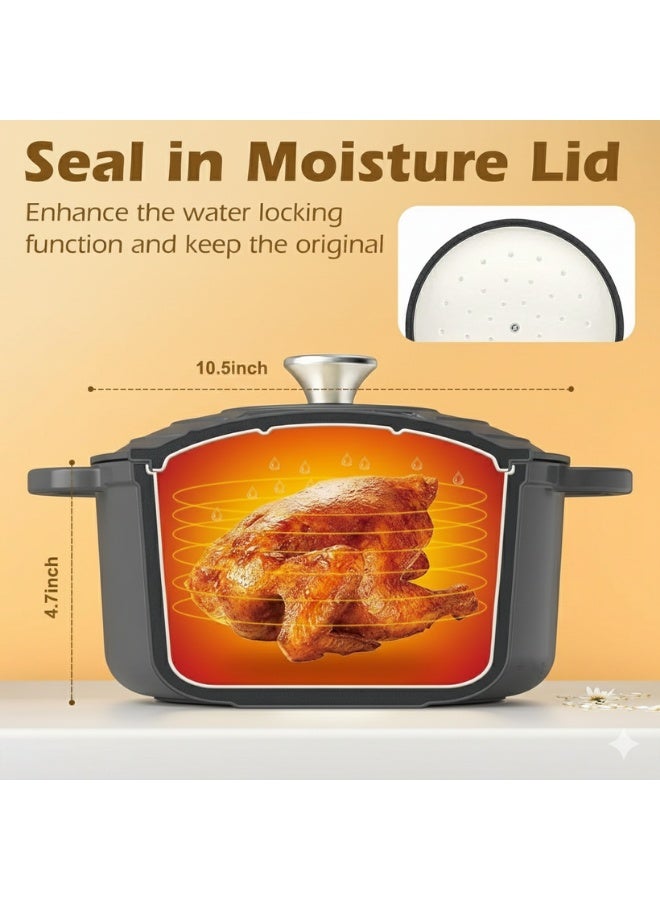 حلة طهي من الحديد الزهر بالمينا سعة 3.8 لتر بغطاء ثقيل محكم بقمم لتقطير البخار الذاتي، توزع الحرارة بالتساوي وتخزينها لفترات طويلة لطهي الشوربات واليخنات والخبز والتحمير والشيّ والأطباق الكاملة في إناء واحد، متوافقة مع المواقد الغاز والكهرباء والتحريض وتتحمل حرارة الفرن حتى 450 درجة فهرنهايت، تصميم داخلي غير لاصق سهل التنظيف بدون تبطين أو تجهيز مسبق، مقبض ستانلس قوي ومقابض جانبية مزدوجة لسهولة الحمل، لون رمادي أنيق مقاوم للالتصاق والاحتراق، خامة تجارية عالية الجودة تناسب المطابخ المنزلية والاحترافية - Image 2