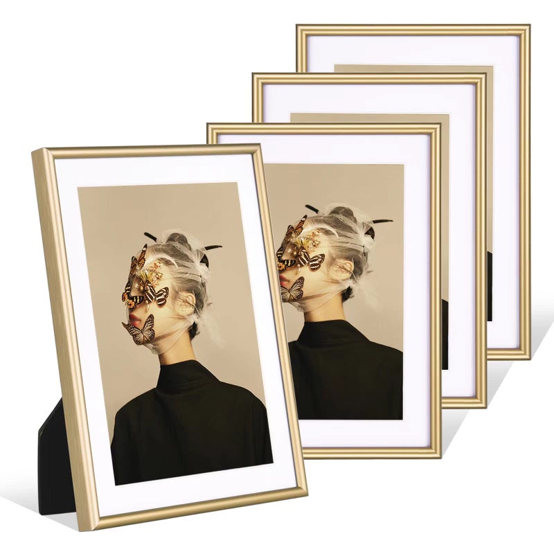 Fkvat 4x6 Picture Frame Set of 4 Matted Brass Simple Modern Brushed Thin Aluminum Metal Photo Frame Fits 3x5 with Mat or 4 x 6 without Mat Vertical and Horizontal for Tabletop and Wall Mounting
