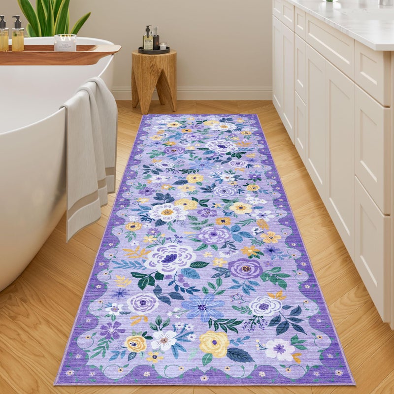 DUKINO 2x6 Runner Rug for Hallway, Washable Kitchen Rug with Non Slip Backing, Low Pile Soft Boho Floral Runner for Kitchen, Hallway, Entryway, Laundry, Bedroom, Purple - Image 3