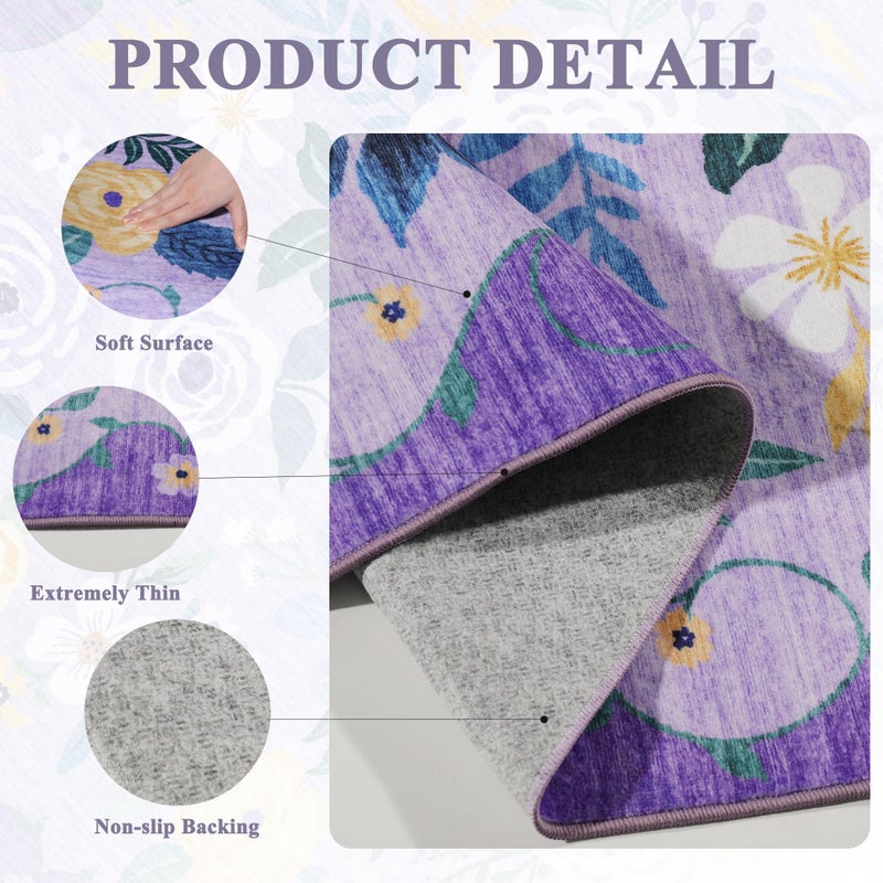 DUKINO 2x6 Runner Rug for Hallway, Washable Kitchen Rug with Non Slip Backing, Low Pile Soft Boho Floral Runner for Kitchen, Hallway, Entryway, Laundry, Bedroom, Purple - Image 5