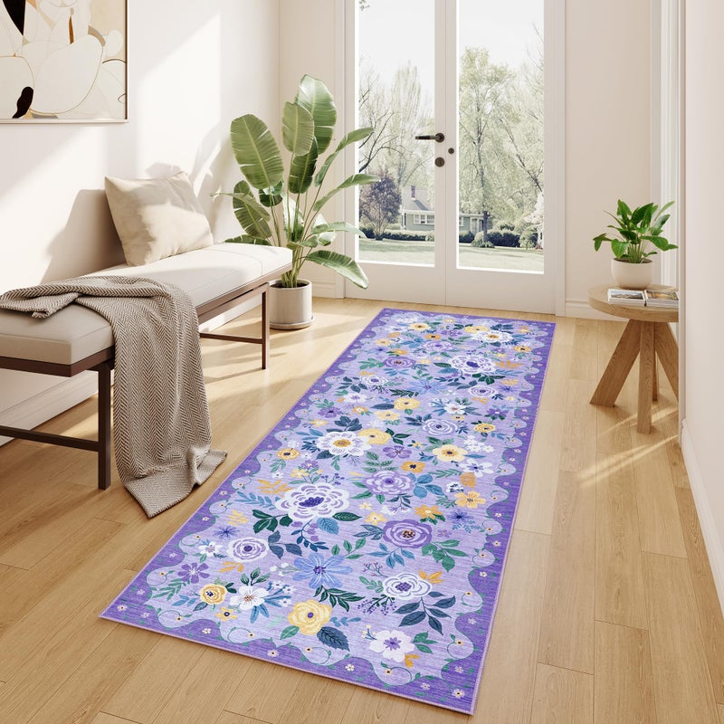 DUKINO 2x6 Runner Rug for Hallway, Washable Kitchen Rug with Non Slip Backing, Low Pile Soft Boho Floral Runner for Kitchen, Hallway, Entryway, Laundry, Bedroom, Purple - Image 2