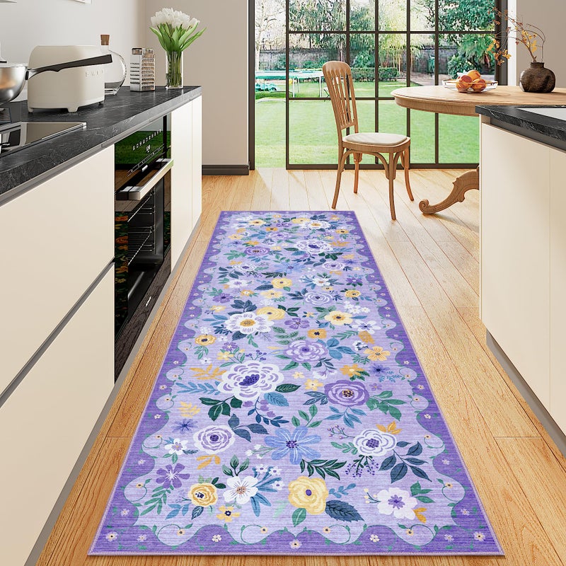 DUKINO 2x6 Runner Rug for Hallway, Washable Kitchen Rug with Non Slip Backing, Low Pile Soft Boho Floral Runner for Kitchen, Hallway, Entryway, Laundry, Bedroom, Purple - Image 1