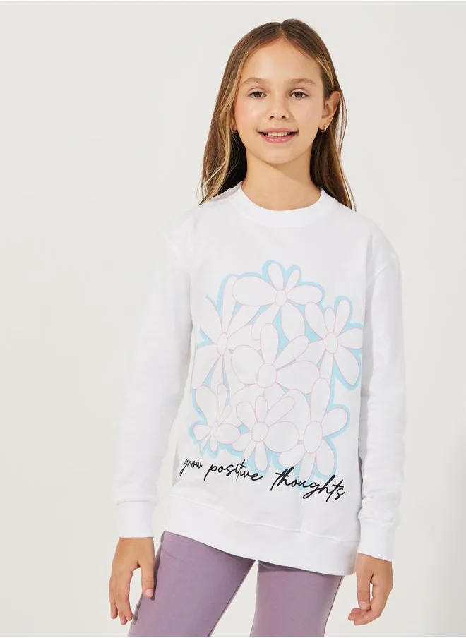 Styli Slogan Floral Print Longline Sweatshirt