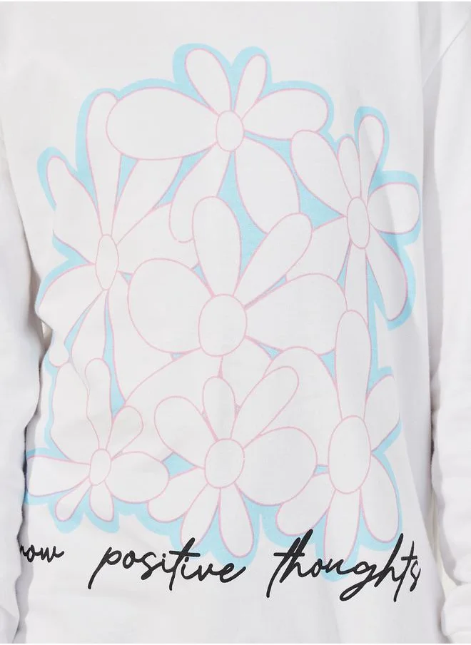 Styli Slogan Floral Print Longline Sweatshirt