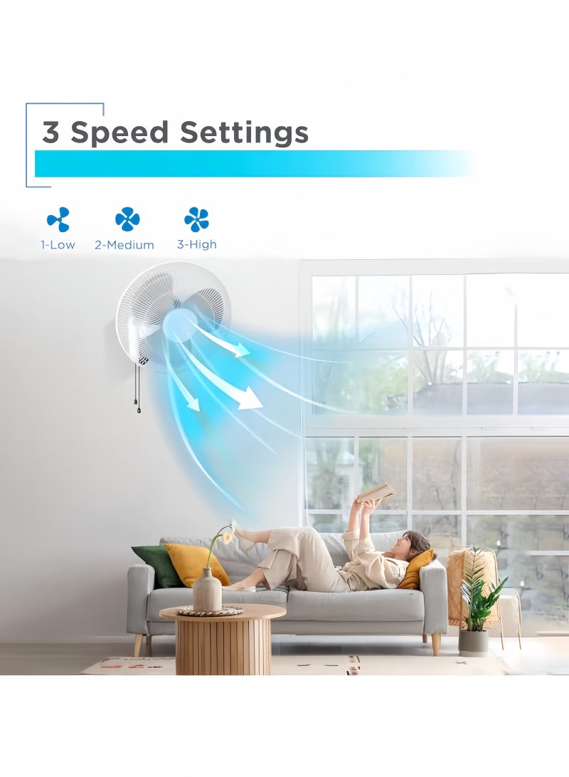 جيجيرو مروحة حائط متذبذبة، مروحة حائط صناعية 16 بوصة 4000 قدم مكعب في الدقيقة مع 3 سرعات، إمالة قابلة للتعديل 45 درجة وتذبذب 70 درجة، مثالية للمنزل وغرفة النوم والصالة الرياضية والمكتب، لون أبيض - Image 2