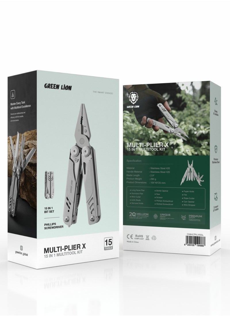 GREEN LION Multi-Plier X 15 In 1 Multi Tool Kit / Plier / Wire Cutter /Bottle Opener / Scissor/ Screwdriver/ File/ Can Opener/Compact & Portable/Durable For Camping and Hiking - Silver  - Image 4