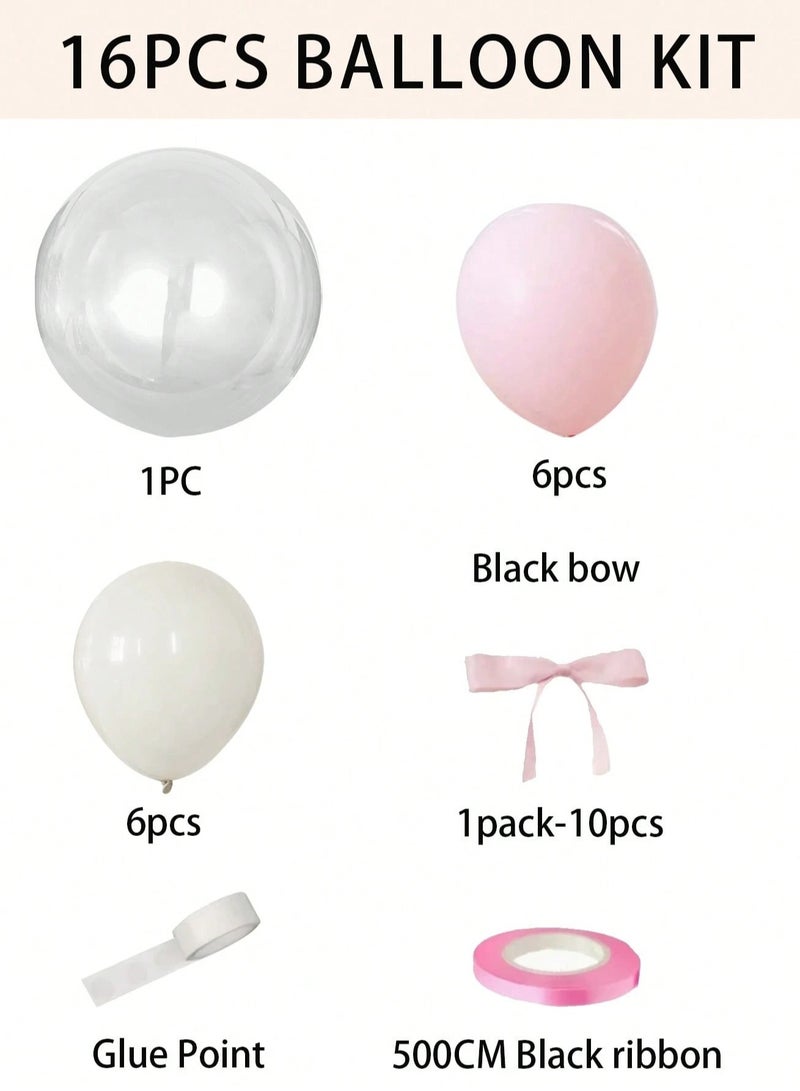 Birthday decoration balloon set of 16 pieces, including white and pink balloons, cute bows, and ribbon for decoration – perfect for birthday parties, baby showers, graduations, and all special occasions.  - Image 2