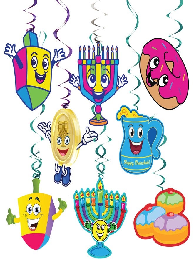 Izzy 'n' Dizzy Hanukkah Swirl Decorations, 8 Foil Swirls with 8 Hanukkah Cutouts, Menorah, Dreidel and Gelt Decorations - Multicolored - Image 1