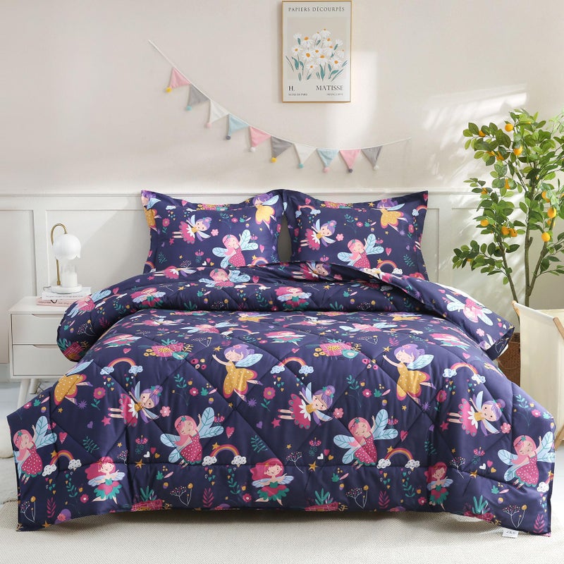 JSD Fairy Kids Comforter Set Full Size 3 Piece Girls Floral Printed Microfiber Bedding Set Machine Washable