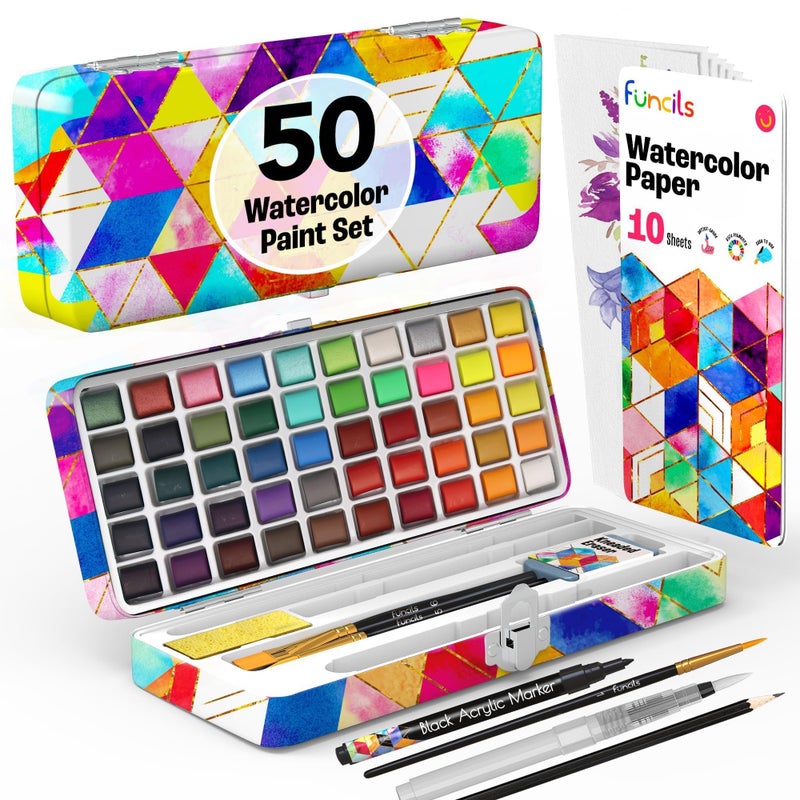 Funcils Watercolor Paint Set - 50 Travel Watercolors Set - Water Colors Paint for Adult, Kids, Beginners, Professional Artists | Watercolor Palette with Paper, Brush, Pen | Art Supplies for Adults - Image 1