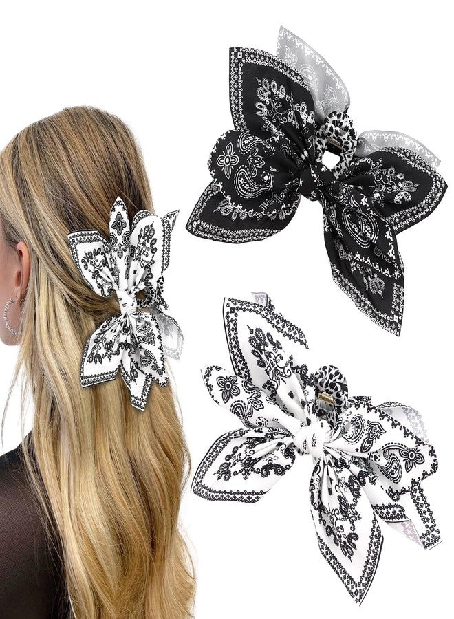 ANBALA 2Pcs Bow Claw Clips Boho Bandana Hair Bow for Women Girls Large Claw Clips for Thick Hair (Black+White) - Image 1