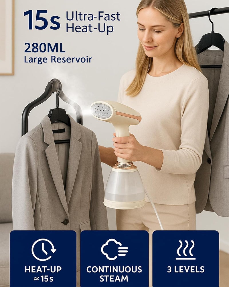 ALLESM 1500W Garment Steamer, 3 Steam Levels LED Display Clothes Steamer 15s Fast Heat Handheld Garment Steamer, Steamer for Clothes Portable Handheld Steamer, 280ml Tank Auto Shut Off for Home & Travel - Image 2