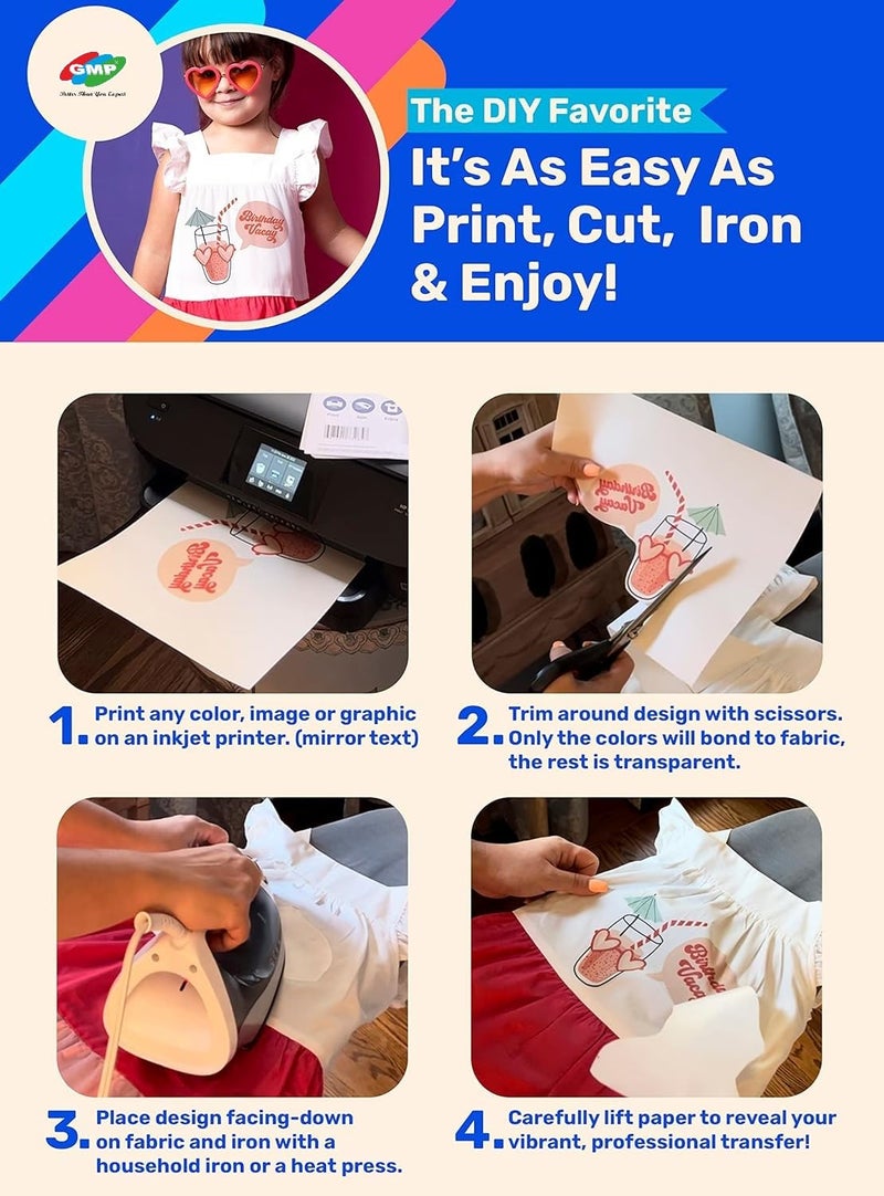 GMP Light 30 Upgraded Iron on Heat Transfer Paper for T Shirts 25 Sheets A4 Ironon Transfers Paper for Light Fabric Printable Heat Transfer Vinyl for Inkjet Printer - Image 2