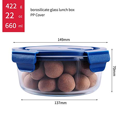 ZEPOLI Lunch Box Glass Food Storage Containers With Blue Lids Airtight Leak-Proof Reusable Perfect For Work, School, Travel, Home Use (4 PACK, ROUND) - Image 5