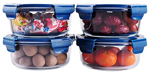 ZEPOLI Lunch Box Glass Food Storage Containers With Blue Lids Airtight Leak-Proof Reusable Perfect For Work, School, Travel, Home Use (4 PACK, ROUND) - Image 1