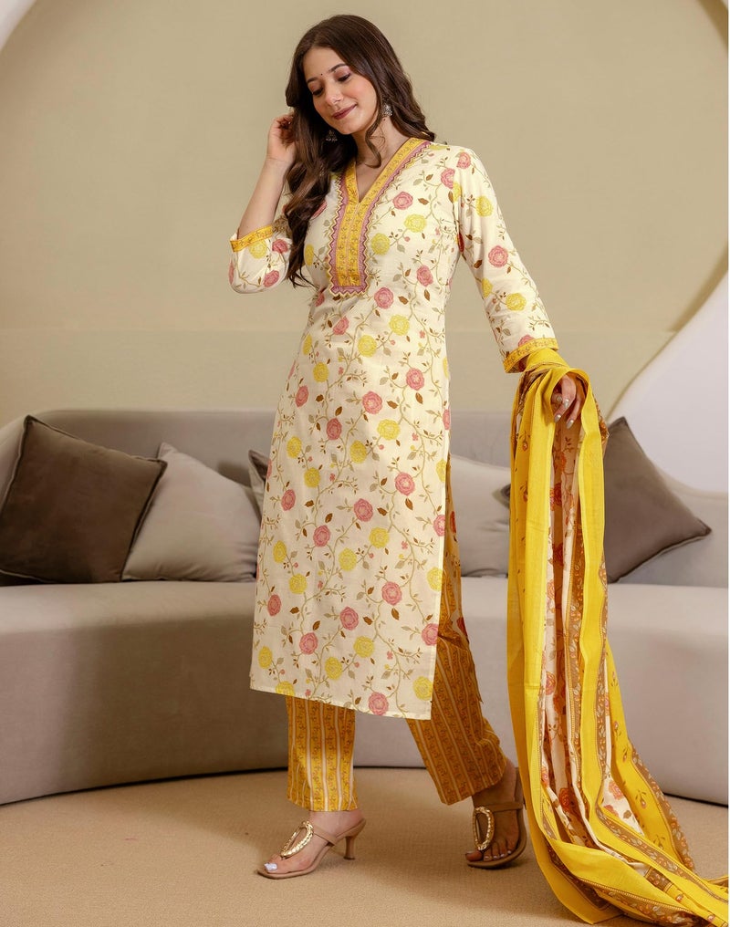 SIRIL Women's Cotton Printed Kurta with Pant & Dupatta Set (264KBD2771-XL-Yellow) - Image 5