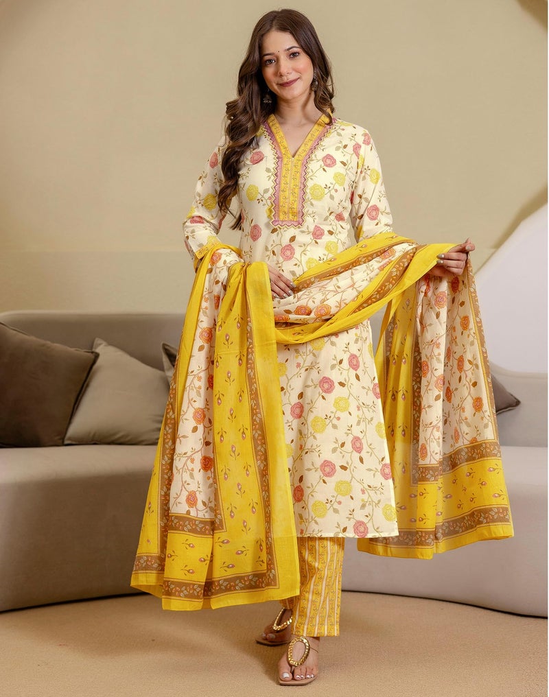 SIRIL Women's Cotton Printed Kurta with Pant & Dupatta Set (264KBD2771-XL-Yellow) - Image 2