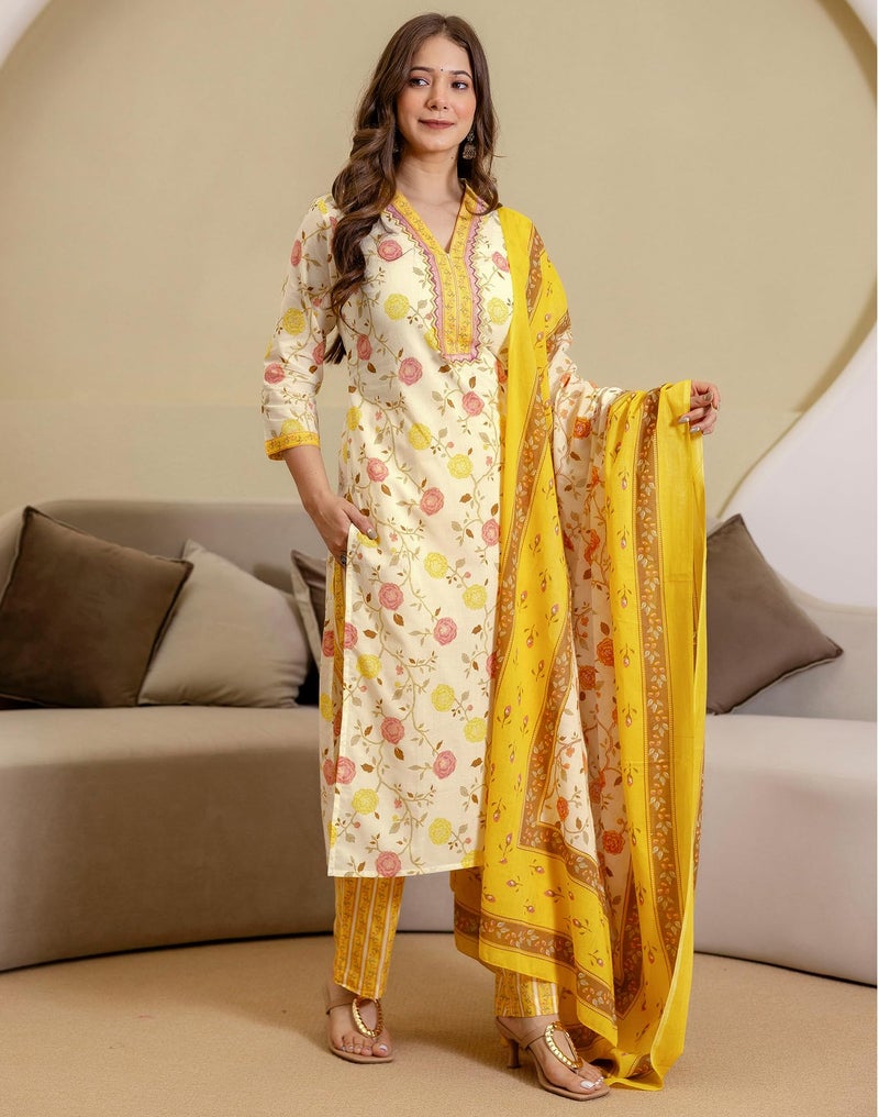 SIRIL Women's Cotton Printed Kurta with Pant & Dupatta Set (264KBD2771-XL-Yellow) - Image 4