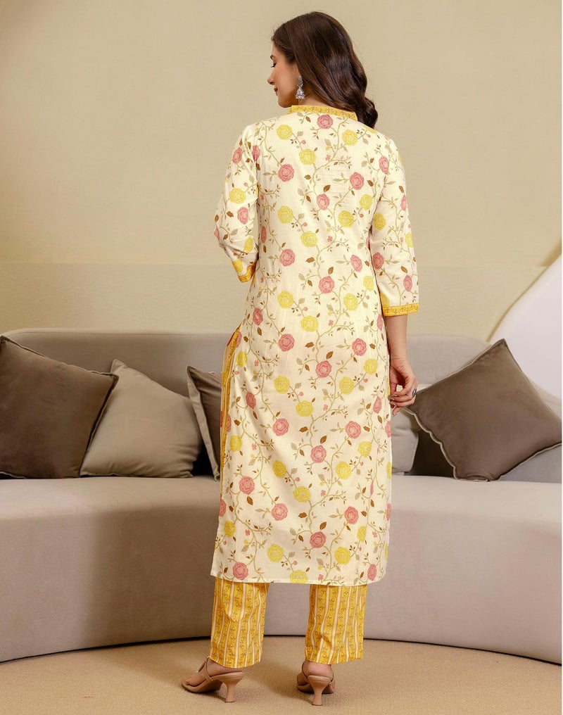 SIRIL Women's Cotton Printed Kurta with Pant & Dupatta Set (264KBD2771-XL-Yellow) - Image 3