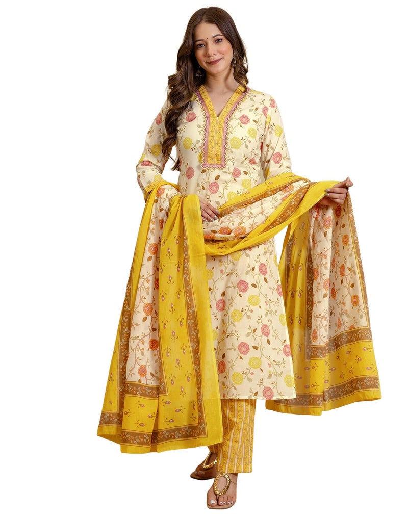 SIRIL Women's Cotton Printed Kurta with Pant & Dupatta Set (264KBD2771-XL-Yellow) - Image 1