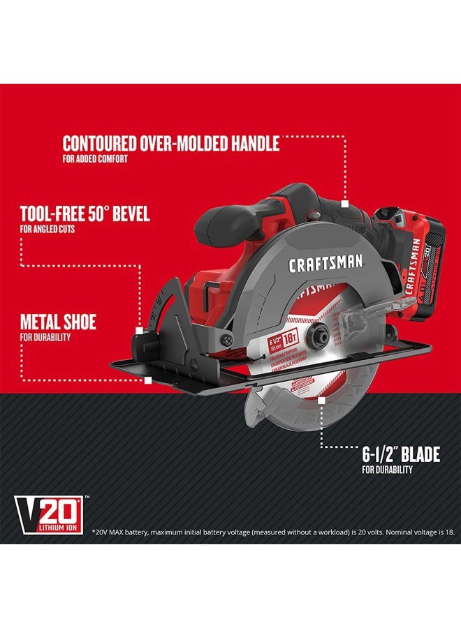 CRAFTSMAN طقم منشار دائري لاسلكي CRAFTSMAN V20، 6-1/2 بوصة، مع بطارية وشاحن (CMCS500M1) - Image 2