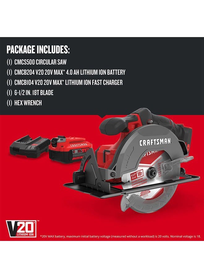 CRAFTSMAN طقم منشار دائري لاسلكي CRAFTSMAN V20، 6-1/2 بوصة، مع بطارية وشاحن (CMCS500M1) - Image 3