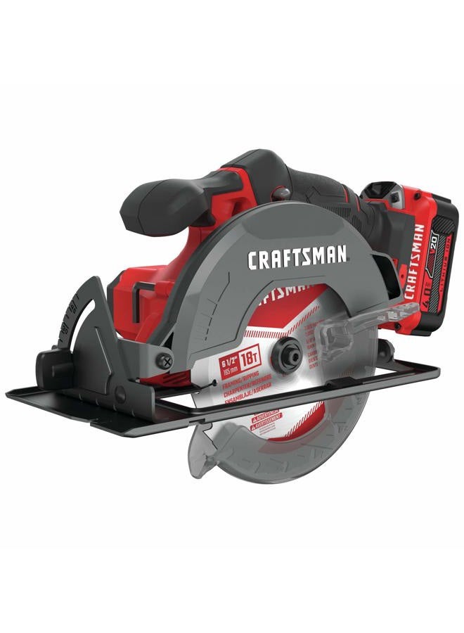 CRAFTSMAN طقم منشار دائري لاسلكي CRAFTSMAN V20، 6-1/2 بوصة، مع بطارية وشاحن (CMCS500M1) - Image 1