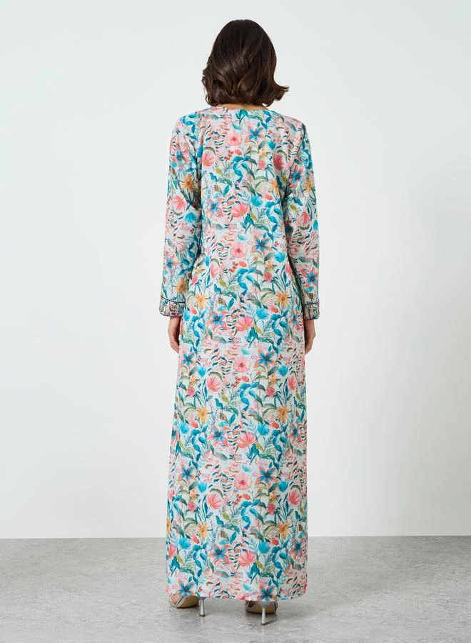 Maxim Creation Multi All Over Print Jalabiya with Multi Threadwork for Women | Best Price UAE