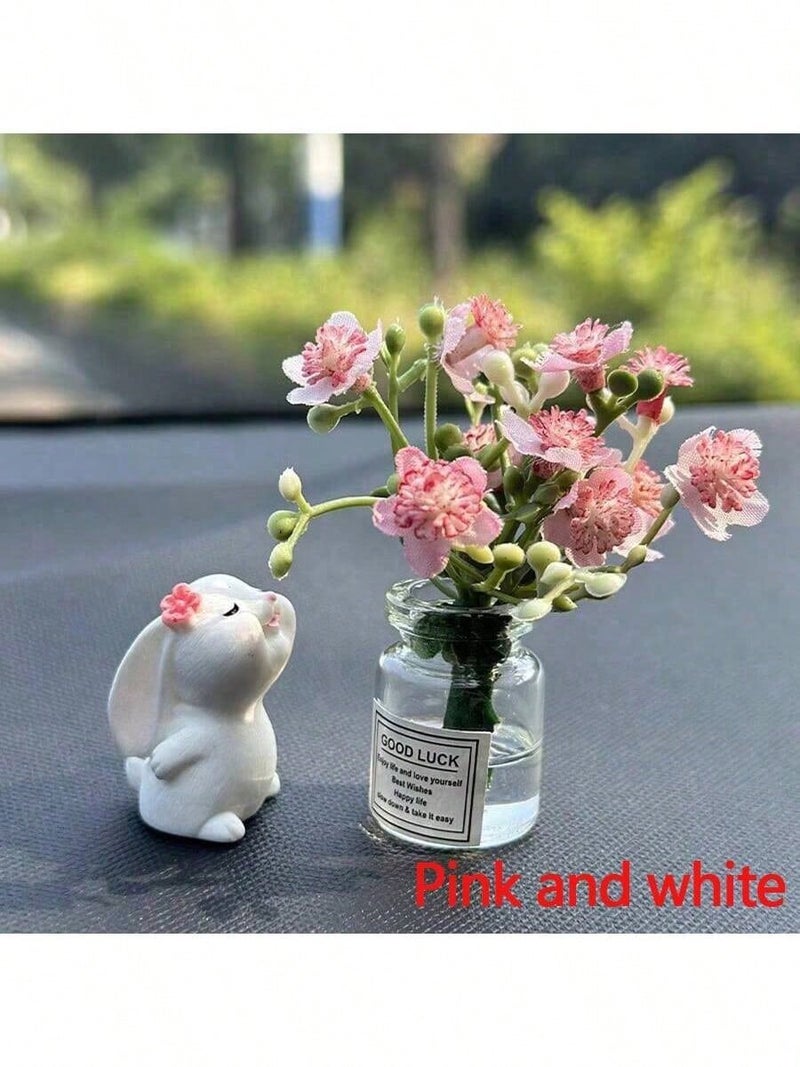 Cute Car Dashboard Ornament with Bunny and Pink Flowers in Mini Glass Vase - Image 2